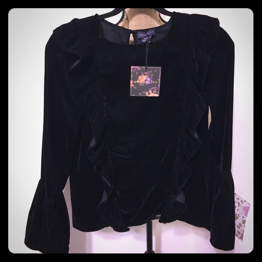 NWT Amaryllis Black Velvet Ruffle Long Sleeve Top W/ Bell Sleeves
